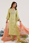 Nero India_Green Tissue Embroidery V-neck Floral Kurta With Pant _Online_at_Aza_Fashions