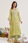 Buy_Nero India_Green Tissue Embroidery V-neck Floral Kurta With Pant _at_Aza_Fashions