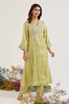 Shop_Nero India_Green Chanderi, Tissue Embroidery V-neck Floral Kurta Set _at_Aza_Fashions