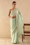 Shop_Nero India_Green Chanderi Embroidery Stripe Saree _Online_at_Aza_Fashions