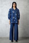 Buy_Nachiket Barve_Blue Denim Embroidery Collared Dottie Bishop Sleeve Set _at_Aza_Fashions