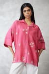 Buy_Nachiket Barve_Coral Chanderi Embroidery Collared, Button-down Neck Dottie Shirt _at_Aza_Fashions