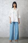 Buy_Nachiket Barve_Ivory Chanderi, Denim Embroidery Collared Dottie Pearl Shirt And Pant Set _at_Aza_Fashions
