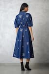 Shop_Nachiket Barve_Blue Denim Embroidery Collared Dottie Bubble Sleeve Dress _at_Aza_Fashions