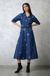 Buy_Nachiket Barve_Blue Denim Embroidery Collared Dottie Bubble Sleeve Dress _at_Aza_Fashions