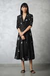 Buy_Nachiket Barve_Black Chanderi, Viscose Embroidery Collared, V-neck Jacket With Dress _at_Aza_Fashions