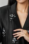 Nachiket Barve_Black Chanderi, Viscose Embroidery Collared, V-neck Jacket With Dress _at_Aza_Fashions