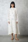 Buy_Nachiket Barve_Ivory Chanderi, Shantoon Embroidery Round Neck Dottie Dress _at_Aza_Fashions