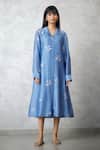 Buy_Nachiket Barve_Blue Chanderi, Shantoon Embroidery Collared Light Dottie Slv Shirt Dress _at_Aza_Fashions