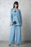 Buy_Nachiket Barve_Blue Denim Embroidery, Beads Collared Light Floral Shirt And Pant Set _at_Aza_Fashions