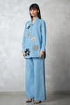 Shop_Nachiket Barve_Blue Denim Embroidery, Beads Collared Light Floral Shirt And Pant Set _Online_at_Aza_Fashions