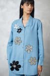 Nachiket Barve_Blue Denim Embroidery, Beads Collared Light Floral Shirt And Pant Set _at_Aza_Fashions