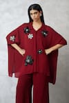 Nachiket Barve_Maroon Georgette Embroidery, Sequins Collared Florencio Shirt And Pant Set _Online_at_Aza_Fashions