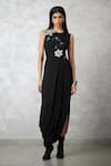 Buy_Nachiket Barve_Black Georgette, Shantoon Sequins, Beads Round Neck Florencio Draped Dress _at_Aza_Fashions
