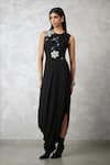 Nachiket Barve_Black Georgette, Shantoon Sequins, Beads Round Neck Florencio Draped Dress _Online_at_Aza_Fashions