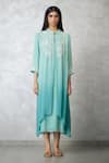 Buy_Nachiket Barve_Turquoise Georgette, Shantoon Embroidery Round Neck, Ombre Faux Jacket Dress _at_Aza_Fashions