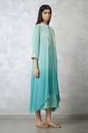 Nachiket Barve_Turquoise Georgette, Shantoon Embroidery Round Neck, Ombre Faux Jacket Dress _Online_at_Aza_Fashions