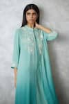 Nachiket Barve_Turquoise Georgette, Shantoon Embroidery Round Neck, Ombre Faux Jacket Dress _at_Aza_Fashions