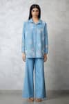 Nachiket Barve_Blue Denim Cut Work, Pearls Collared Cutwork Shirt And Pant Set _Online_at_Aza_Fashions