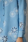 Nachiket Barve_Blue Denim Cut Work, Pearls Collared Cutwork Shirt And Pant Set _at_Aza_Fashions