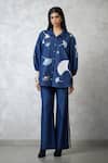 Buy_Nachiket Barve_Navy Denim Embroidery Collared Ginkgo Bishop Sleeve Set _at_Aza_Fashions