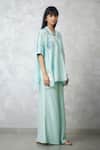 Nachiket Barve_Teal Silk, Tussar Embroidery Collared Ginkgo Crushed Shirt And Pant Set _Online_at_Aza_Fashions