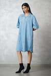 Buy_Nachiket Barve_Blue Denim Embroidery Collared Skyline Bubble Dress _at_Aza_Fashions