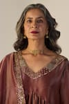 Sarang Kaur_Rust Tissue Embroidery V-neck Rehmat Lehenga Set _Online_at_Aza_Fashions