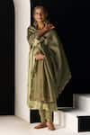 Shop_Sarang Kaur_Green Satin, Silk, Lycra, Tissue Embroidery Round Neck Nazakat Kurta Set _Online_at_Aza_Fashions
