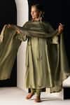 Sarang Kaur_Green Satin, Silk, Lycra, Tissue Embroidery Round Neck Nazakat Kurta Set _at_Aza_Fashions