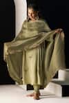 Buy_Sarang Kaur_Green Satin, Silk, Lycra, Tissue Embroidery Round Neck Nazakat Kurta Set _at_Aza_Fashions