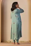 Shop_Sarang Kaur_Blue Satin, Silk, Lycra, Tissue Embroidery Round Neck Nazakat Kurta Set _at_Aza_Fashions