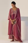 Shop_Sarang Kaur_Purple Tissue Embroidery V-neck Badla Kurta Set 