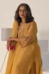Shop_Sarang Kaur_Yellow Tissue, Silk Embroidery V-neck Badla Kurta Set _Online_at_Aza_Fashions