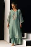 Shop_Sarang Kaur_Blue Tissue, Silk, Organza Embroidery, Zari V-neck Sana Kurta Set _Online_at_Aza_Fashions