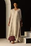 Buy_Sarang Kaur_White Silk, Tissue Embroidery V-neck Rana Kaftan Set _at_Aza_Fashions