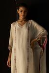 Shop_Sarang Kaur_White Silk, Tissue Embroidery V-neck Rana Kaftan Set _Online_at_Aza_Fashions