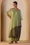 Buy_Sarang Kaur_Green Tissue, Silk Embroidery V-neck Zehra Kaftan Set _at_Aza_Fashions