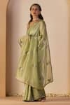 Sarang Kaur_Green Tissue, Silk Embroidery Iqra Saree With Unstitched Blouse _Online_at_Aza_Fashions