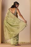 Shop_Sarang Kaur_Green Tissue, Silk Embroidery Iqra Saree With Unstitched Blouse _at_Aza_Fashions