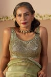 Shop_Sarang Kaur_Green Tissue, Silk Embroidery Iqra Saree With Unstitched Blouse _Online_at_Aza_Fashions