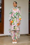 Shop_Sanam_Pink Muslin Lace Round Neck Alia Floral Print Kurta Set _Online_at_Aza_Fashions