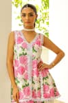Sanam_Ivory Muslin Lace V-neck Julie Floral Print Kurta And Pant Set _at_Aza_Fashions