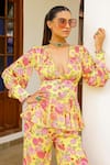 Buy_Sanam_Yellow Chiffon V-neck Rose Print Peplum Top And Pant Set _Online_at_Aza_Fashions