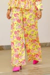 Sanam_Yellow Chiffon V-neck Rose Print Peplum Top And Pant Set _at_Aza_Fashions