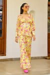Buy_Sanam_Yellow Chiffon V-neck Rose Print Peplum Top And Pant Set _at_Aza_Fashions