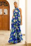 Sanam_Blue Chiffon Embroidery Halter Neck Zeinah Printed Kurta And Sharara Set _at_Aza_Fashions