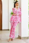 Buy_Sanam_Pink Chiffon Embroidery V-neck Lily Print Kurta And Pant Set _Online_at_Aza_Fashions