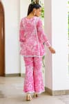 Sanam_Pink Chiffon Embroidery V-neck Lily Print Kurta And Pant Set _Online_at_Aza_Fashions