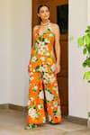 Buy_Sanam_Orange Muslin Halter Neck Jasmine Print Kurta And Pant Set _at_Aza_Fashions